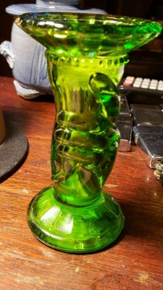 Vintage L.  E.  Smith Glass Co.  Green Hand Vase Rare Authentic