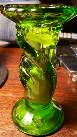 Vintage L.  E.  Smith Glass Co.  Green Hand Vase RARE Authentic 2
