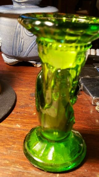 Vintage L.  E.  Smith Glass Co.  Green Hand Vase RARE Authentic 3