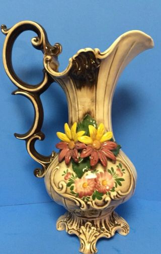 Vintage Capodimonte Floral Pitcher Ewer Long Stem Vase Bassano Italy Shabby Chic