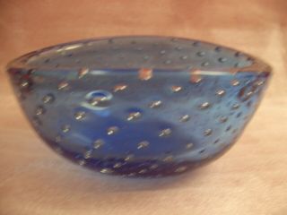 Mid Century Whitefriars Controlled Bubble Blue Small Oval Bowl / Dish