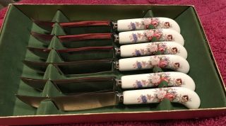 6 Vintage Royal Crown Derby Knives Knife Set & Case Floral Roses Flower England