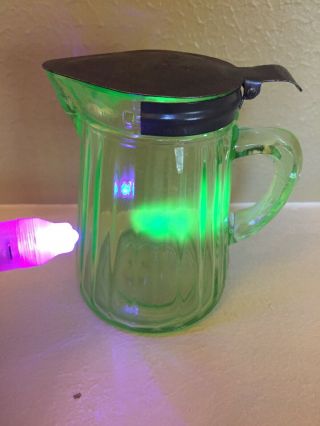 Vintage Green Vaseline Uranium Depression Glass Creamer With Metal Lid