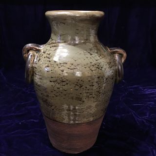 Large Rustic Half Glaze Olive Terra Cotta Jug Vase W/ Ring Handles