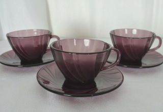 Duralex Rivage Amethyst 3 Cups & Saucers Glass Swirl Texture France Purple
