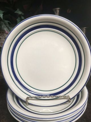 Set Of 4 Tienshan Stoneware " Country Crock " Salad Plates; Blue And Green Bands