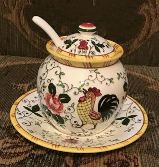 Vintage Rooster & Roses Early Provincial Jam Jelly Sugar Jar W/lid/spoon Japan