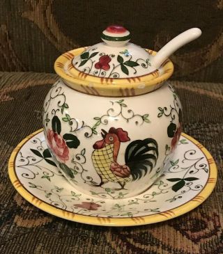 Vintage Rooster & Roses Early Provincial Jam Jelly Sugar Jar W/Lid/Spoon Japan 2