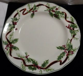 Set Of 3 Charter Club Winter Garland Dinner Plates Christmas Ribbon & Holly