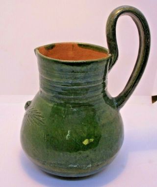 Hand Made Green Glaze Pottery Pitcher With Face Vintage