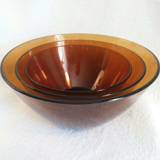 Set Of 3 Vintage Arcopal France Amber Glass Nesting Mixing Bowls Mcm