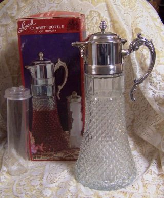 Leonard 1½ Qt Crystal & Silverplate Claret Bottle Decanter,  Ice Tube & Box Italy