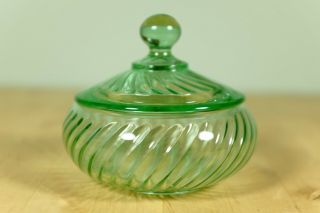 Vintage Green Depression Vaseline Uranium Glass Swirled Candy Dish Jar with Lid 2