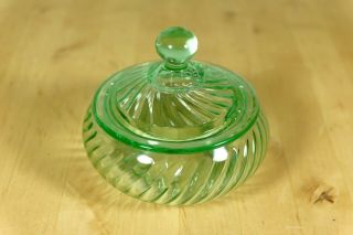 Vintage Green Depression Vaseline Uranium Glass Swirled Candy Dish Jar with Lid 3