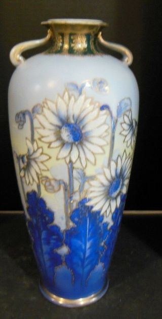 Hand Painted Nippon I E & C Co Vase.  Shades Of Blue Sunflowers