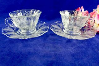Vintage Heisey " Orchid Etched " Queen Ann Cups & Saucers