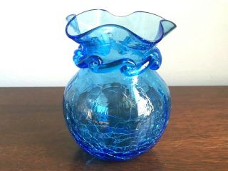 Blue Blown Crackle Glass Vase With Applied Ribbon Polished Pontil