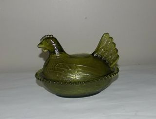 Vintage Indiana Green Glass Hen Chicken On A Nest Covered Dish Beaded