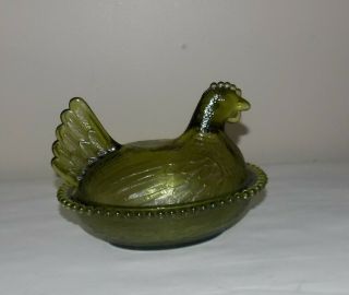 Vintage Indiana Green Glass Hen Chicken on a Nest Covered Dish Beaded 2