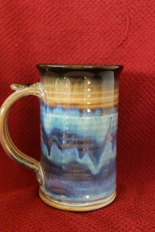 Hand Thrown Artisan Signed Pottery Coffee Cup/mug Glaze Blue Purple Tan Brown