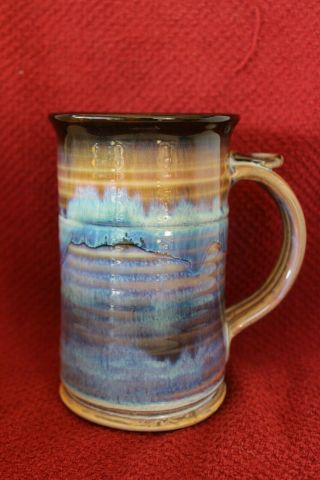 Hand Thrown Artisan Signed Pottery Coffee Cup/Mug Glaze Blue Purple Tan Brown 2