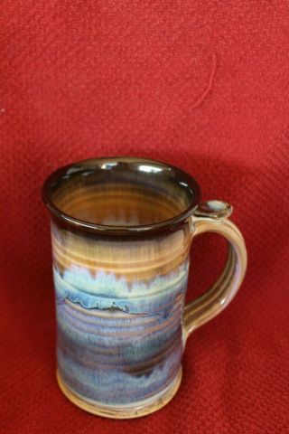 Hand Thrown Artisan Signed Pottery Coffee Cup/Mug Glaze Blue Purple Tan Brown 3