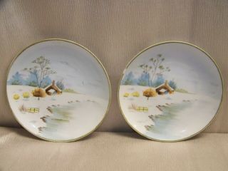 Set Of 2 Vintage Nippon Hand Painted Winter Home Green Stamp 8 " Plates