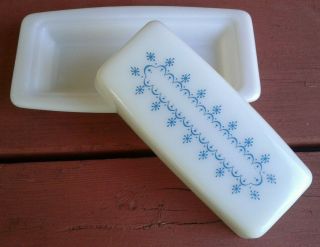 Pyrex Snowflake Garland Vintage Butter Dish 2 Piece Milk Glass Blue On White