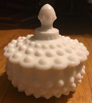Vintage Fenton White Milk Glass Candy Dish With Lid.  Hobnail.  5 1/2”
