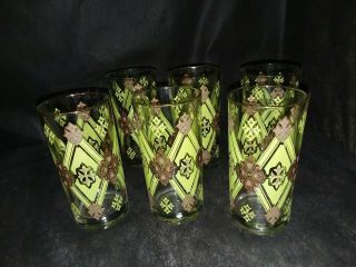 Set Of 6 Mid Century Modern Vintage Green & Gold Drinking Glasses W/ Gold Rims