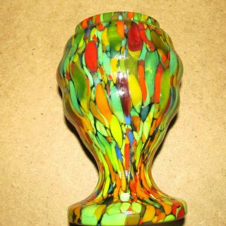 Vintage Bohemian Czech Multi Coloured Green Spatter Glass Vase 5.  25 " High