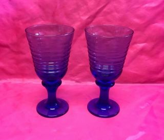 2 (two) Vintage 7 " Cobalt Blue Stemmed Water / Wine Goblet Glasses 14 Oz Usa