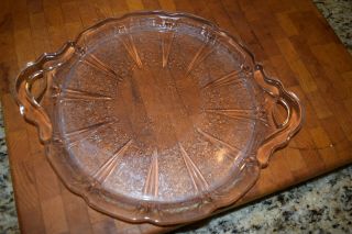 Vintage Pink Depression Glass Cake Plate Tray W/handles,  Cherry Blossom Pattern