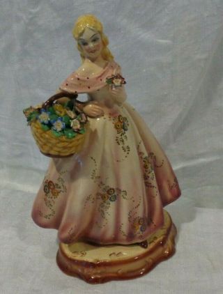 Vintage Italian Porcelain Lady With Basket Of Flowers Italy Figurine