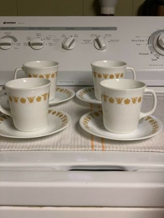 4 - Corning Butterfly Gold Coffee Cup Mug & 4 Corelle Saucers Vtg 1970s