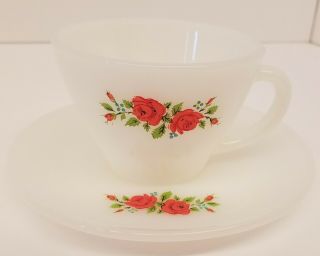 Vtg Fire King/anchor Hocking Red Roses Cup & Saucer Set Pre - Owned Cond