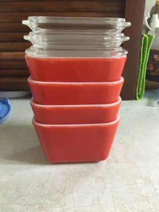4 Red Vintage Pyrex Glass Dishes A25 3 1/2 " X 4 1/4 " W/lids