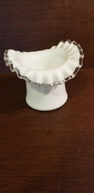 Fenton Silver Crest Crimp Ruffled Edge Milk Glass White Top Hat Vase