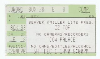 Rare Zz Top & Jeff Healey 12/1/90 San Francisco Ca Cow Palace Ticket Stub Z.  Z.