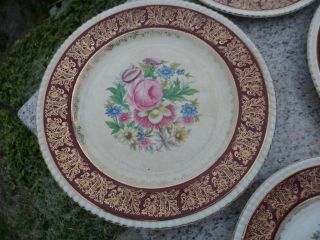Set of 4 Simpson ' s Potters Solian Ware 777 Plates Burgundy Cabbage Rose England 5