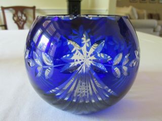 Vintage Crystal Clear Romania Cobalt Blue Cut To Clear Crystal Rose Bowl Vase