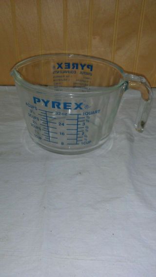 Vtg Pyrex Blue Letter 4 C.  1 Qt / Glass Measuring Cup Open Handle