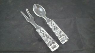 Vntg Fostoria American Quilted Diamond Crystal Glass Salad Serving Fork & Spoon