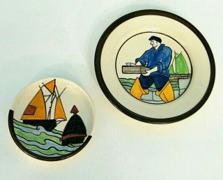 2 Hb Quimper 1068 P.  H Sailboat & Fisherman Man Green Sail Nautical Plate Plates