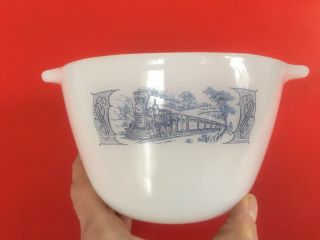 Currier And Ives Milk Glass Bowl - 1 Quart - Train - Locomotive Blue And White