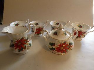 Royal Albert Poinsettia Suger Bowl,  Creamer With 4 Cups
