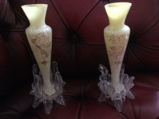 X2 Victorian Bohemian Franz Welz Yellow Glass Bud Vases Handpainted Gilt Footed