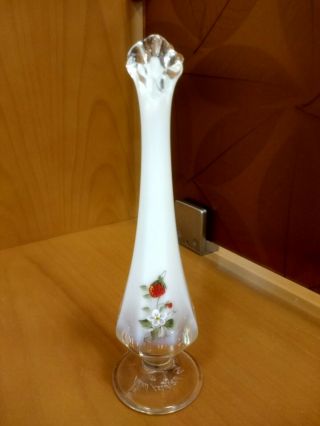 Vintage Fenton Glass Bud Vase White Opalescent Strawberry Flowers Hand Painted