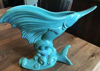 Vintage Swordfish Marlin Blue Ceramic Vase Royal Haeger Usa Mid Century Nautical