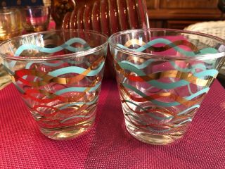 2 Vintage Turquoise And Gold Drinking Glasses Lowball Cocktail Retro